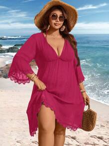 Swim Lushoire V-Neck Lace Patchwork Bell Sleeve Loose Plus Size Cover Up Dress For Summer Beach Vacation - Hot Pink - View 1