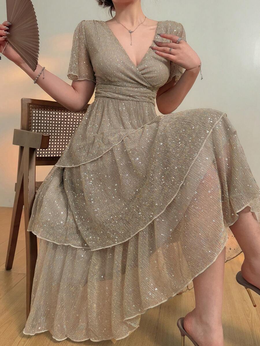 DAZY 夏季优雅婚礼宾客礼服 V领荷叶袖中长亮片连衣裙 女士奢华舞会礼服 闪亮连衣裙 长款连衣裙 - 淺灰色 - 查看 1