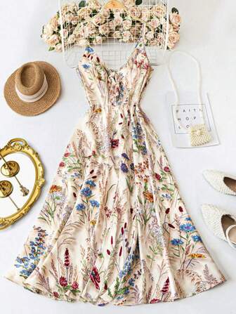 Breezaya Vestido de línea A con cuello de lazo y estampado floral, elegante para vacaciones y uso diario de mujer