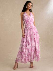 Enchnt 女式花卉印花拼布荷叶边下摆露背连衣裙，度假风格 - 粉色 - 查看 3