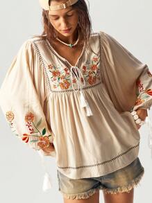 Bohemela 1 件女士度假纯色梭织镂空 V 领长袖衬衫 - 杏色 - 查看 5