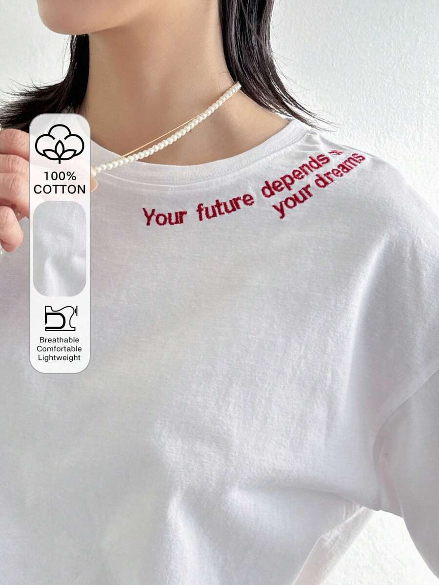 FRIFUL Women's Loose Fit White Round Neck Short Sleeve T-Shirt With Letter Embroidery, Casual Summer Wear - White - View 1