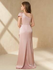 SHEIN 优雅长款蝴蝶结单肩褶皱开衩连衣裙，适合女孩、花童婚礼、舞会、结婚周年派对 - 粉色 - 查看 2