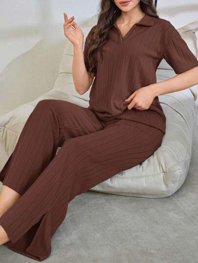 Lazeform 女士休闲罗纹翻领上衣和裤子睡衣套装