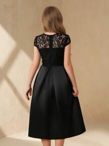 SHEIN Tween Girls' Elegant Solid Color Lace Patchwork Party Dress - Black - View 2