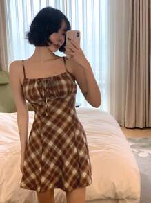 DAZY 女式休闲格纹印花细肩带中长连衣裙，夏季 - 棕色 - 查看 8