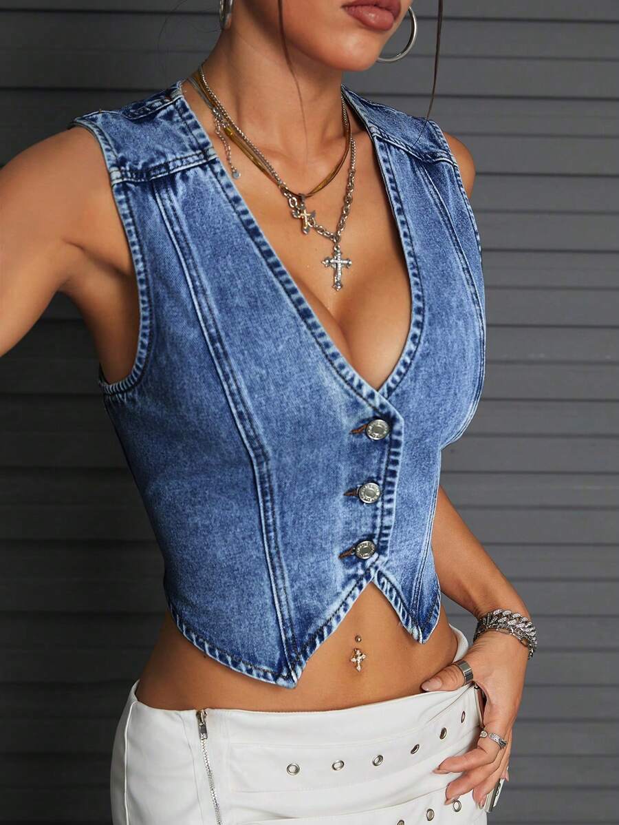 SHEIN Tall Women Sleeveless Washed Denim Vest Top, Tall Women - Dark Wash - View 1