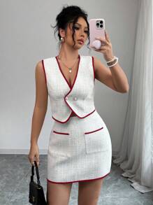 Elenzga Bộ 2 món áo không tay màu trơn thanh lịch giản dị ngày lễ tình nhân + chân váy chữ A bỏ túi - Màu Đỏ Sâu - Xem 4