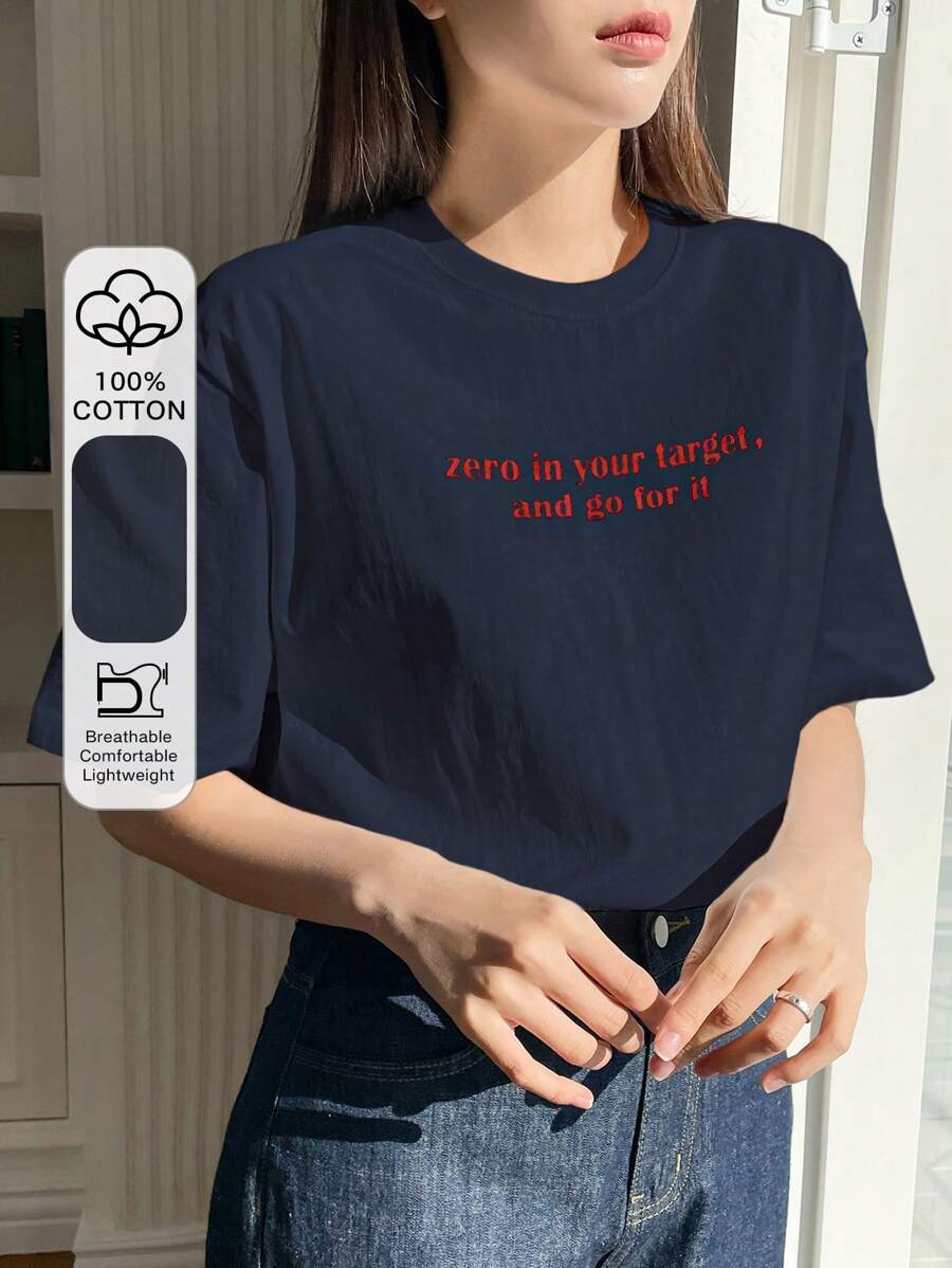 DAZY Women T-Shirts Slogan Casual - Navy Blue - View 1