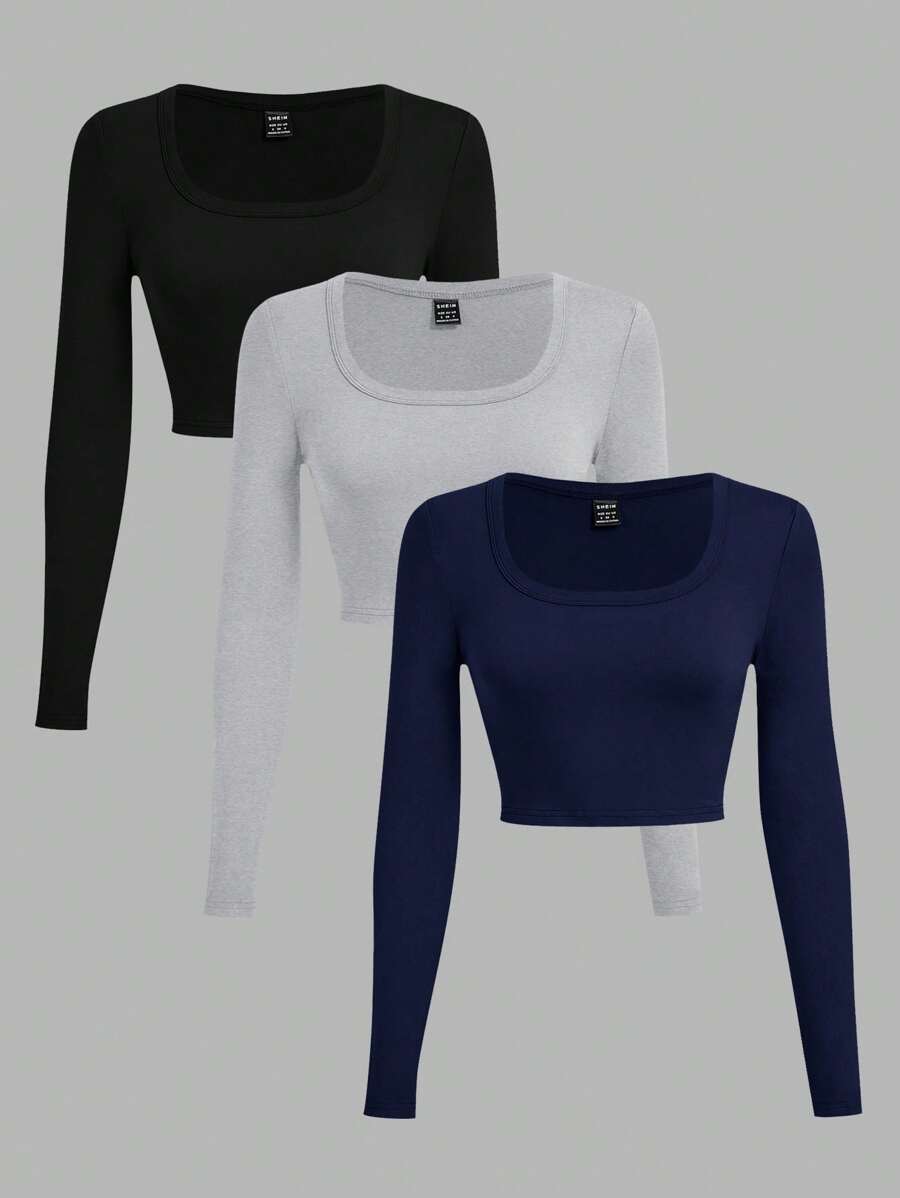 SHEIN EZwear 3 件套黑色、灰色和深蓝色 U 领修身短袖 T 恤,适合夏季 - 彩色 - 查看 1