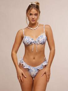 WESTFADE Summer Bow Tie Frill Trim Bikini Top Spring Beach Vacation - Blue and White - View 3