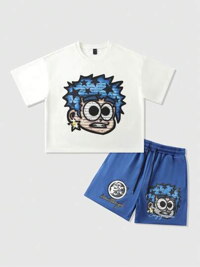 Set estivo di Maglietta e pantaloncini casual da uomo con stampa a cartoni animati