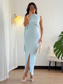 Rafferiza 女士纯色褶裥开衩下摆无袖修身连衣裙 - 藍色 - 查看 1