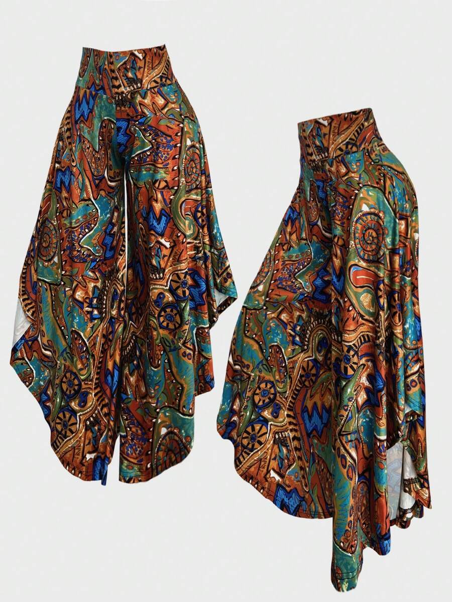 SHEIN LUNE 纯色不对称下摆阔腿裤，夏季时尚 - 彩色 - 查看 1