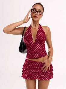 SHEIN BAE Sexig pricktryck för kvinnor med ryggfri grimstopp, sommar - Bourgogne - Visa 7