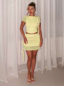 Glamine 2 Pieces Sets Sexy Pink Color Asymmetrical Ruched Sheer Body Sets,Going Out Sets,Birthday Sets,Holiday Party Sets,Women Date Night Outfits,Concert Outfits,Graduation Dress,Street Style Sets, Women 2 Pieces Clothing Two Pieces Outfits For Women Woman 2 Pieces Outfits - Yellow - View 3