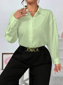 Elenzga Plus Size Women Solid-Color Woven Long Sleeve Casual Elegant Office Lady Blouse, For Thanksgiving Women Shirt