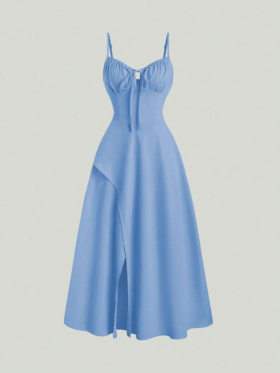 Sweetra Solid Color High Split Casual Vacation Spaghetti Strap Midi Dress Maxi Women Outfit - Blue - View 1