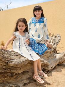 SHEIN Vestido casual de vacaciones con estampado floral y mangas con volantes para niñas jóvenes
