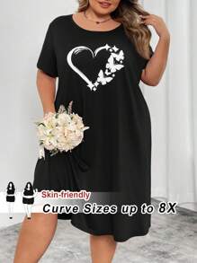 SHEIN CURVE+ Curve Plus 红色心形印花长裙，情人节 - 黑色 - 查看 9