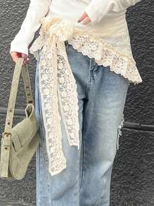 FRIFUL 女式杏色刺绣蕾丝裙，腰部抽绳，层叠荷叶边，夏季时尚 - 杏色 - 查看 6