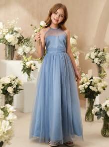 SHEIN 优雅花朵图案少女派对礼服，适合婚礼、舞会、毕业典礼 | 万圣节蓝色网纱露背中长连衣裙，适合少女 | 时尚薄纱蓬蓬公主裙，适合女孩返校季 - 淺灰色 - 查看 5