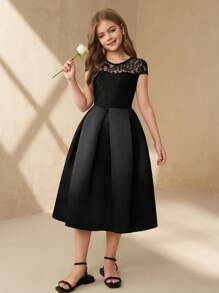 SHEIN Tween Girls' Elegant Solid Color Lace Patchwork Party Dress - Black - View 6