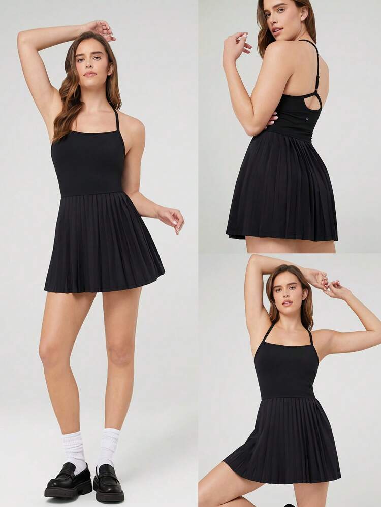 FeatherFit™-Air Easy Breezy Peekaboo Square-Neck Adjustable Racerback Pleated Active Dress With Built-In Shorts Side Pockets Non-Slip Grips Low Impact Tennis Golf Pickleball Daily Wear Removable Cups