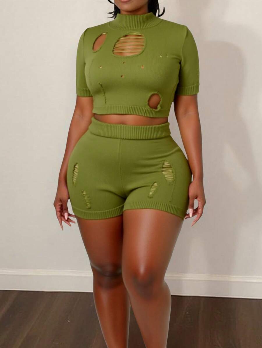Slaydiva 2pcs Set Women Casual Vacation Knit Bodycon See-Through Sexy Outfit, Suitable For Music Festival, Easter, Graduation Season - Green - View 1