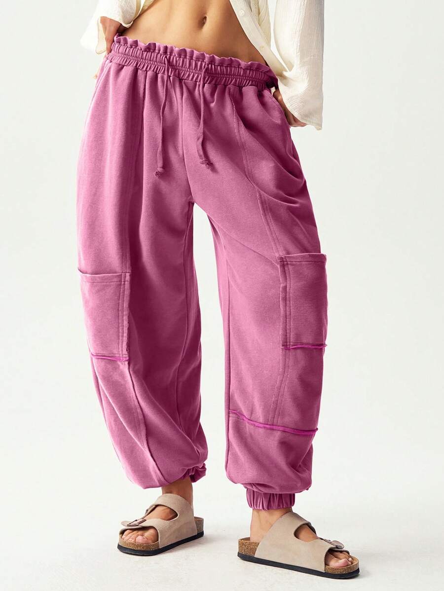 Bohemela Women's Casual Solid Color Knit Loose Drawstring Sweatpants - Hot Pink - View 1