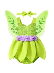 SHEIN Playful Pals 3件套女婴亮片印花连体衣，带翅膀和发带