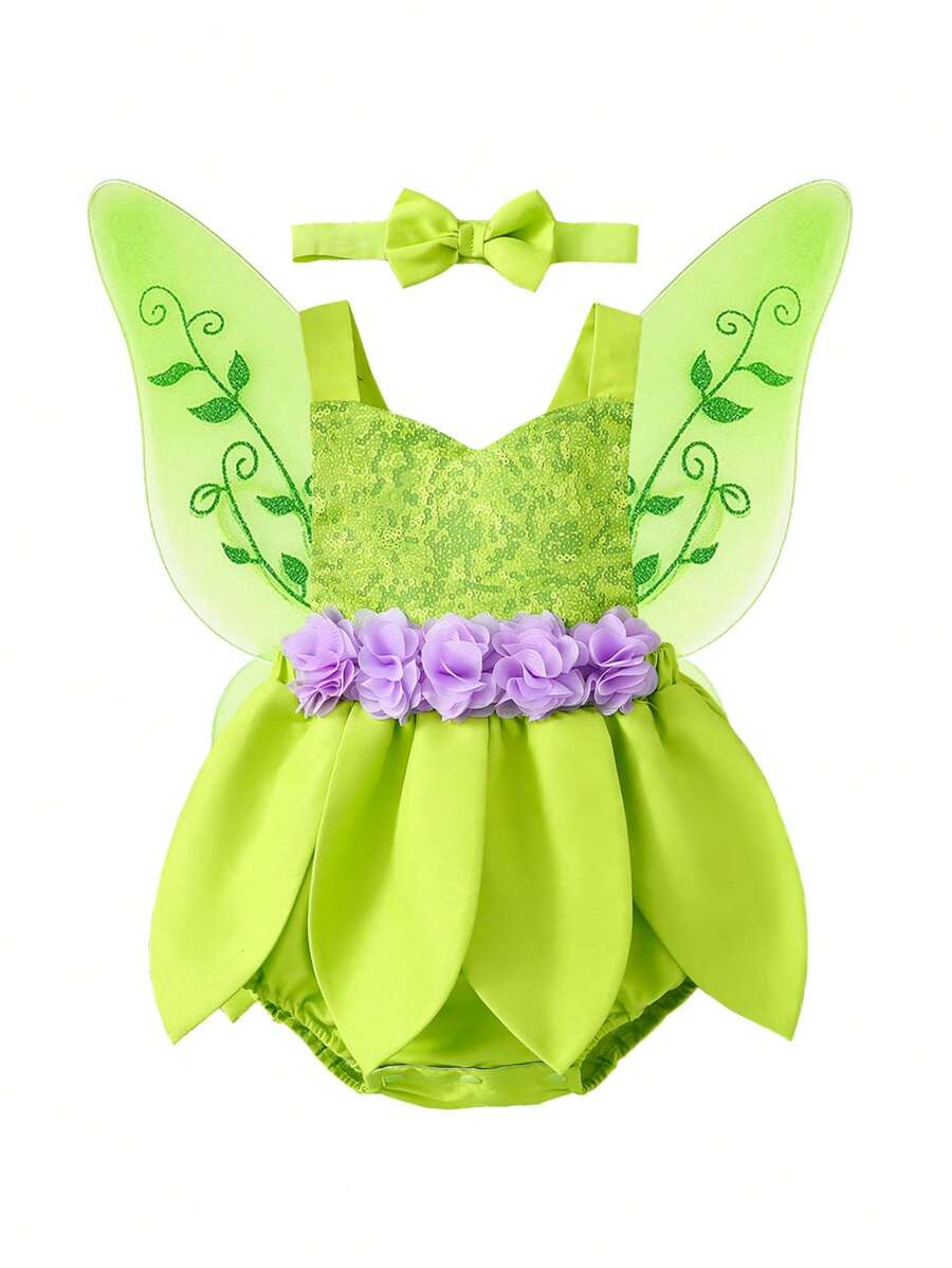 SHEIN Playful Pals 3件套女婴亮片印花连体衣，带翅膀和发带