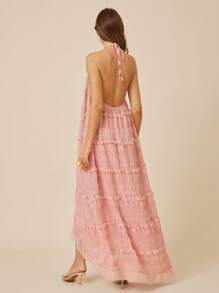 L'Amorae Vestido longo fluido, elegante, rosa pastel, com decote halter, bainha alta e baixa, detalhe de glitter, costas nuas, roupas de verão para mulheres, vestido para convidada de casamento para mulheres, roupas de praia para mulheres, roupas para brunch para mulheres, dia das mães - Rosa Empoeirado - Ver 4