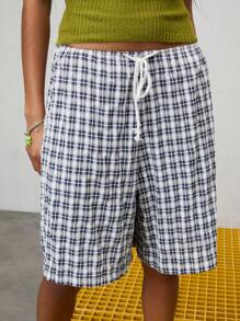 COUREZ Low Rise Check Jorts /Summer Outfits For Women Spring Summer Shorts/Y2K/Casual Vintage - Navy Blue - View 3