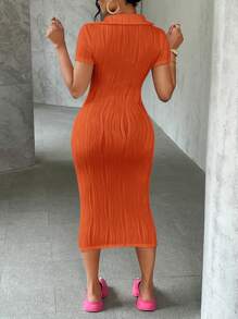 Slaydiva 夏季休闲优雅白色简约基础款V领短袖修身长连衣裙，采用白色波浪针织面料，女士，女士太阳裙 - 橘色 - 查看 2