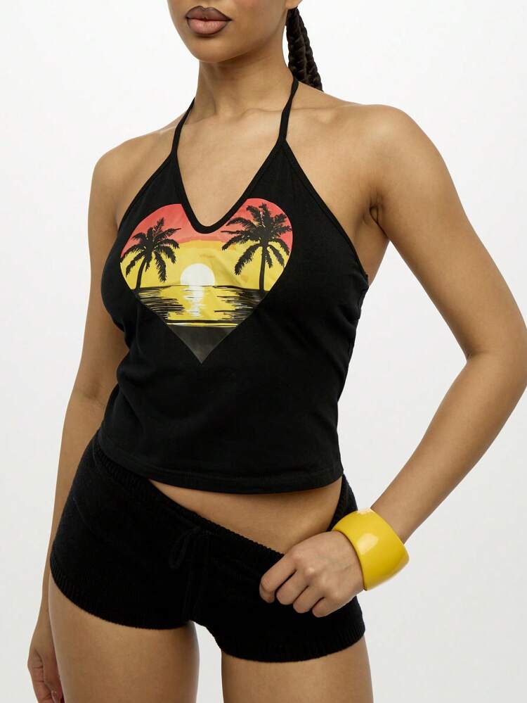 SUMWON WOMEN Neckholder-Tanktop mit tropischem Sonnenuntergangs-Herz-Print