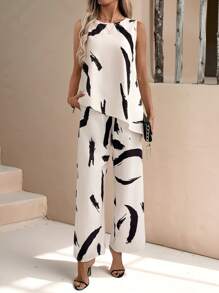 SHEIN Clasi 2pcs Women Summer Printed Asymmetrical Hem Tank Top And Loose Pocket Long Pants Set Summer Outfits For Women/Summer/Summer Clothes Elegant Vacation Casual Boho Women's Clothing Graduation Dress/White Graduation Dress/Prom Dress Brunch Outfits For Women Wedding Guest Dress Women Church Outfits Women/Church Clothes Women - Black and White - View 5