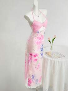 Sweetina Women's Pink Floral Summer Elegant Party Dress,Twist Front Spaghetti Strap Boho Vacation Outfits,Casual Wedding Guest Graduation Easter Rave Clothes - Pink - View 4
