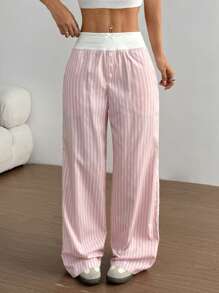 SHEIN PETITE Women's Button Design Bow Decor Striped Wide Leg Pants Fall Cloth For Women - Pink - View 4