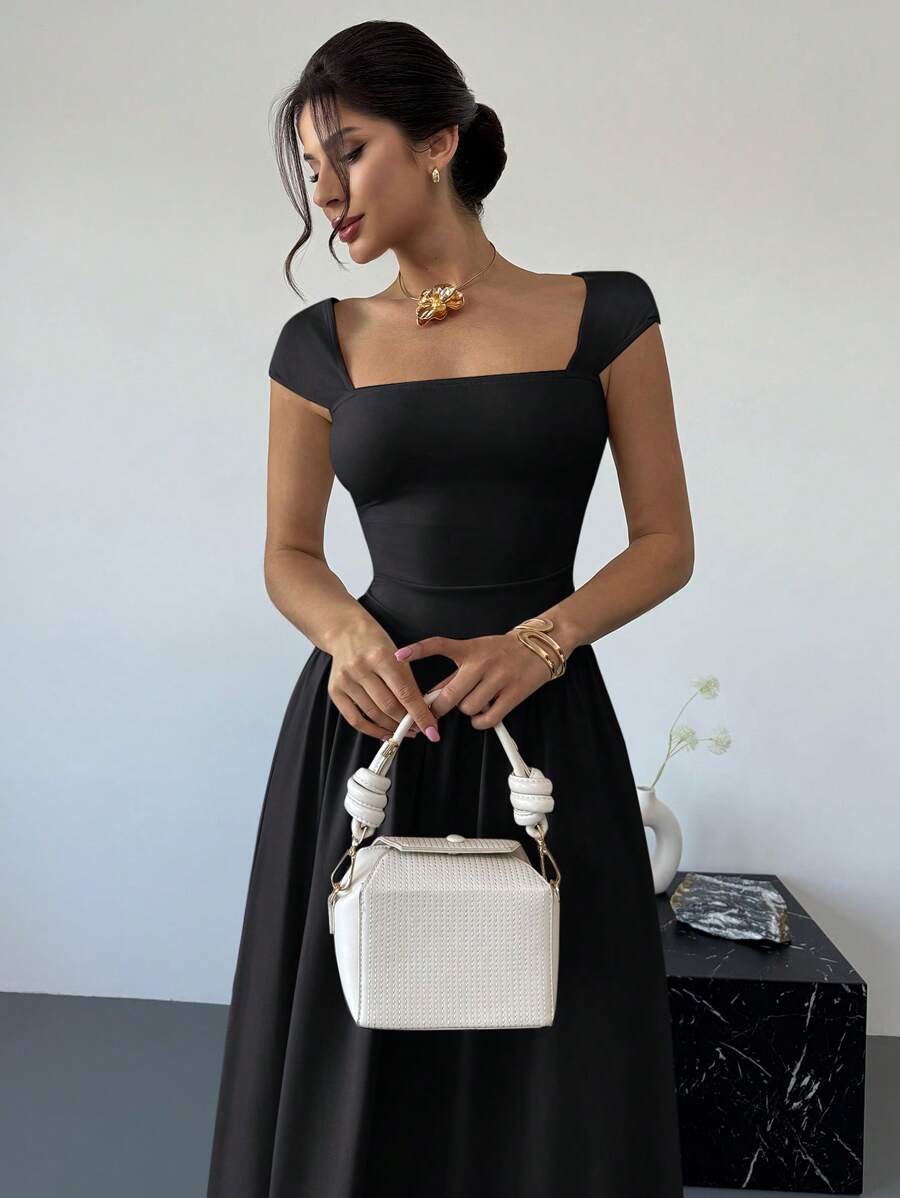 Firerie 优雅方领褶袖 A 字形长裙，带蝴蝶结细节，适合约会、春夏季 - 黑色 - 查看 1