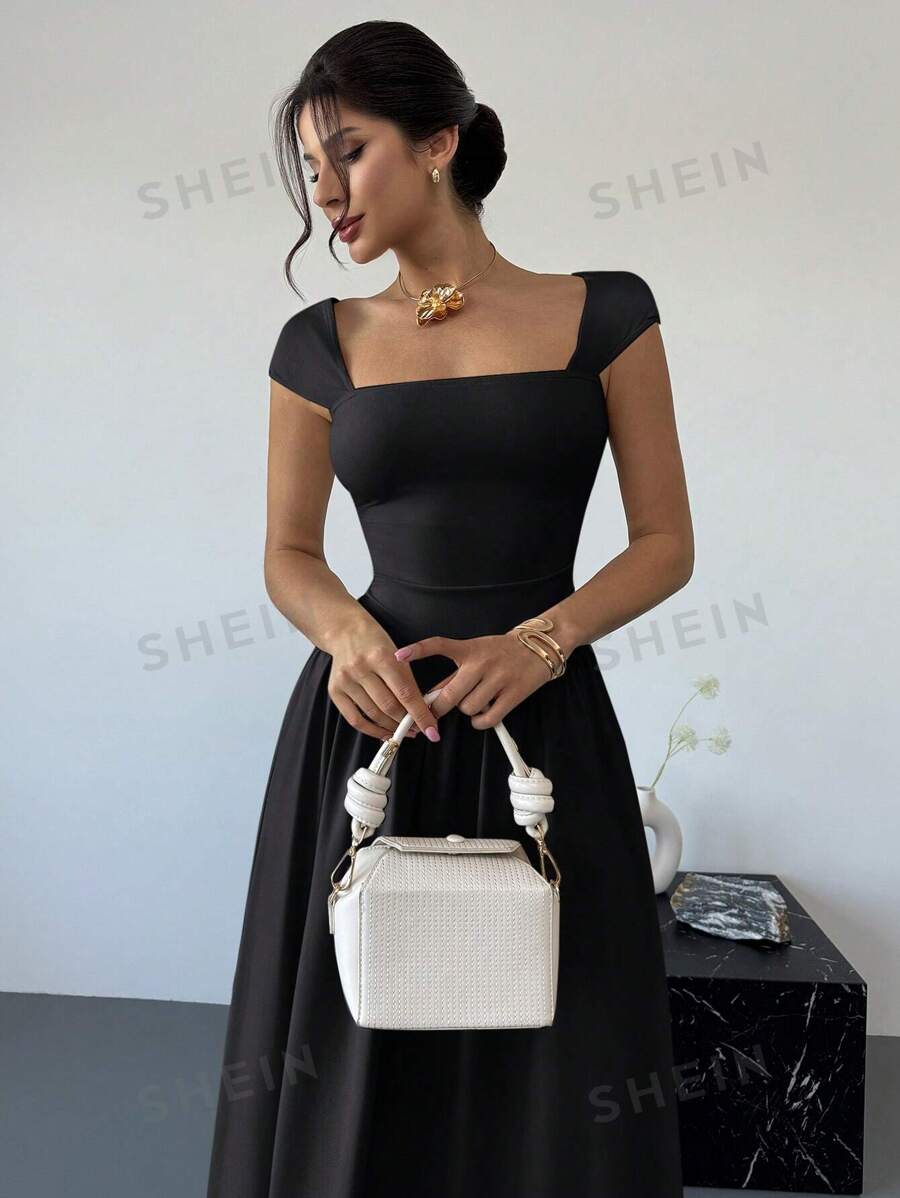 Firerie Vestido largo de corte evasé con cuello cuadrado, mangas abullonadas y detalles de lazo. Elegante y adecuado para citas, primavera/verano