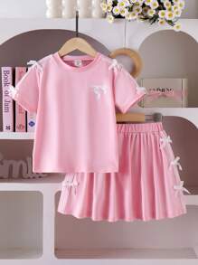 Young Girl' Black Comfortable Round Neck Bow Decor Printed Short Sleeve Top And Elastic Waist Short Skirt 2 Pieces Set - Pink - View 7