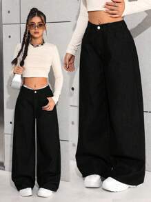 SHEIN Teen Girls Black Denim Long Jeans With Zipper Detail And Wide Leg Fit