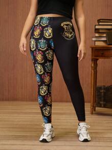 HARRY POTTER X SHEIN Plus Size Gold Badge Contrast Color Gryffindor Hufflepuff Ravenclaw Black Leggings, Summer - Black - View 3