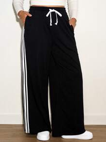 SHEIN Tall CURVE 大码女式运动装棉质编织带阔腿黑色运动裤 - 黑與白 - 查看 6