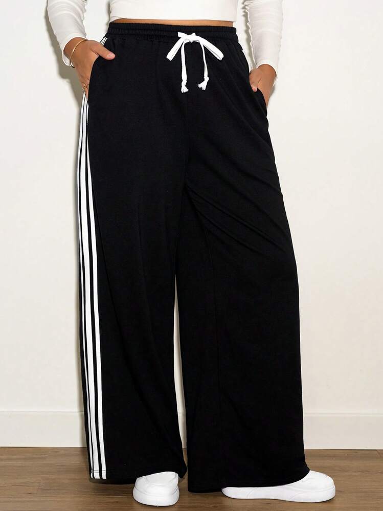 SHEIN Tall CURVE 大码女式运动装棉质编织带阔腿黑色运动裤 - 黑與白 - 查看 6