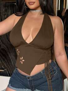 Flirla Plus Size Women Deep V Neck Asymmetrical Hem Lace Up Cami Top - Coffee Brown - View 3