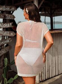 Swim Mod Plus Size Women's V-Neck Crochet Vintage Floral Beach Cover Up Dress For Summer Beach Vacation - White - View 2