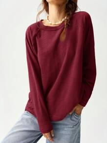 Bohemela Camiseta holgada de manga raglán de cuello redondo de punto de unicolor de vacaciones para mujeres