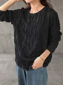 FRIFUL 女式白色宽松圆领衬衫，纹理面料休闲上衣长袖上衣 - 黑色 - 查看 3